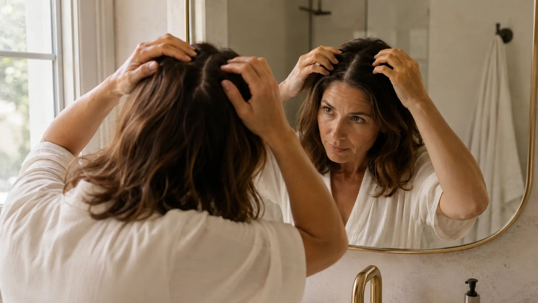 Femme observant sa raie centrale dans un miroir, premier signe d'alopécie androgénétique chez la femme