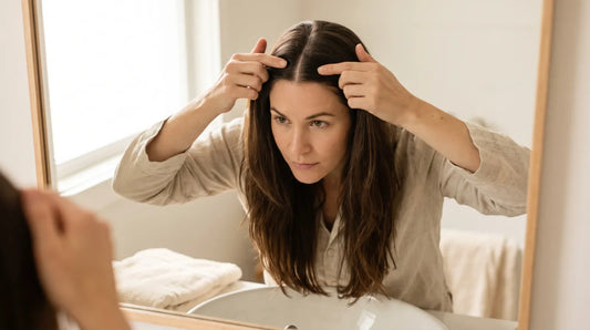 Femme devant le miroir de sa salle de bain qui écarte sa raie pour observer son cuir chevelu